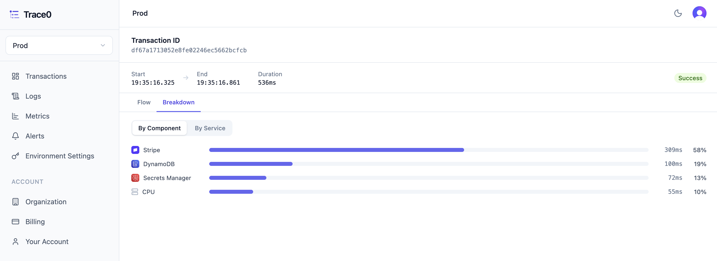 Trace0 component breakdown view