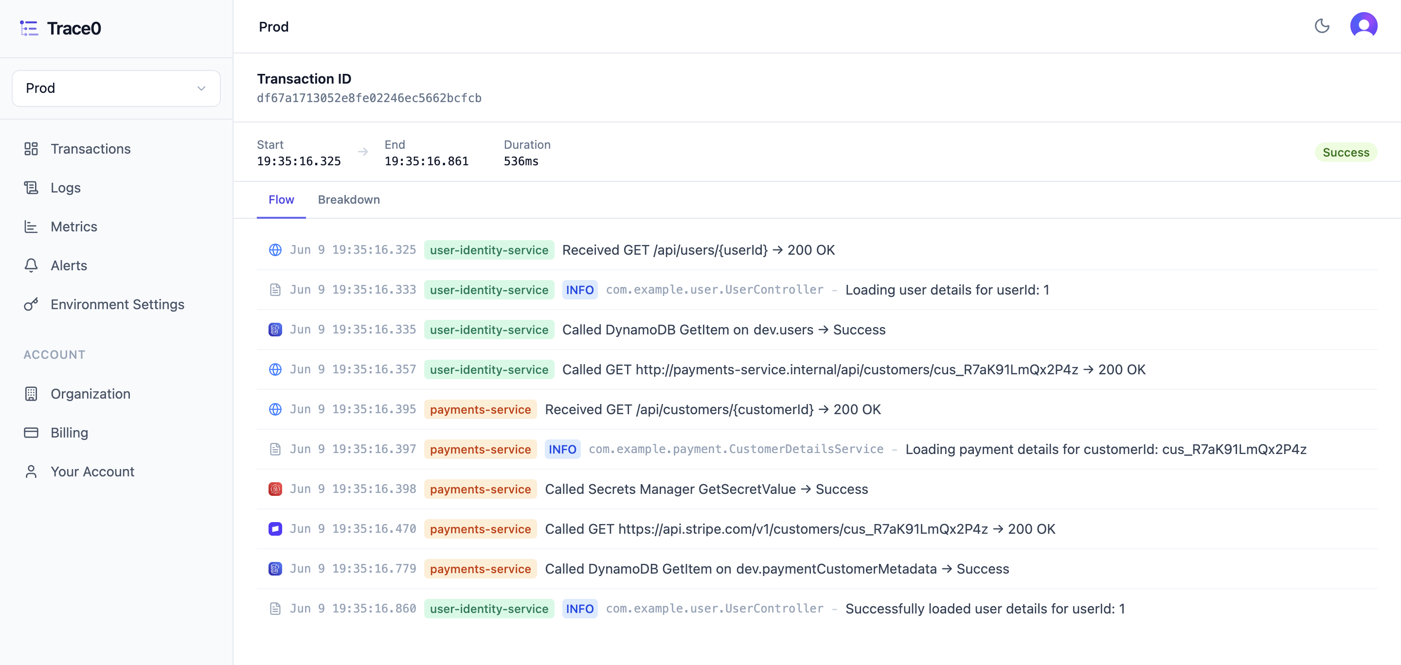 Trace0 dashboard — transaction flow view