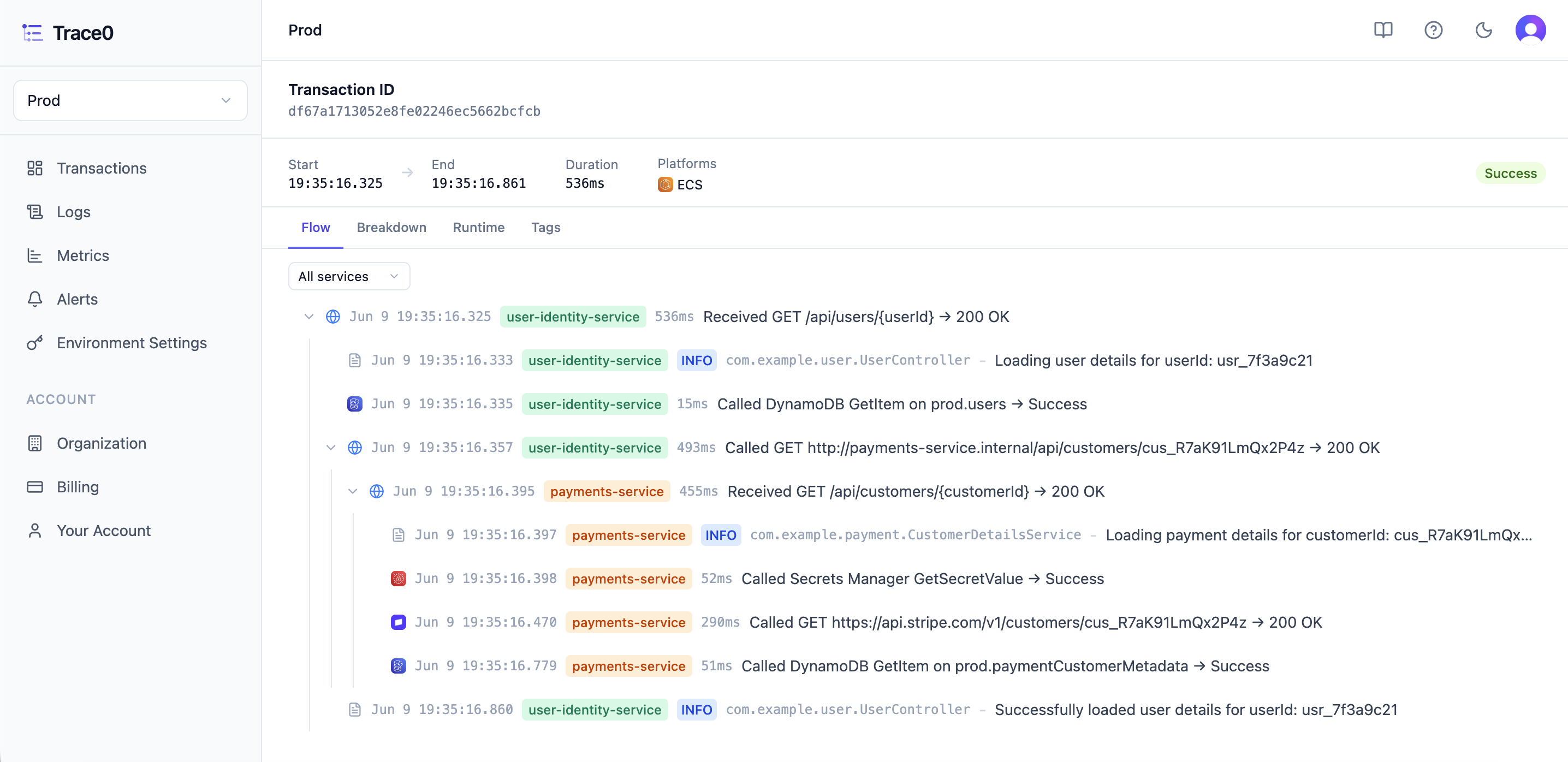 Trace0 dashboard — transaction flow view